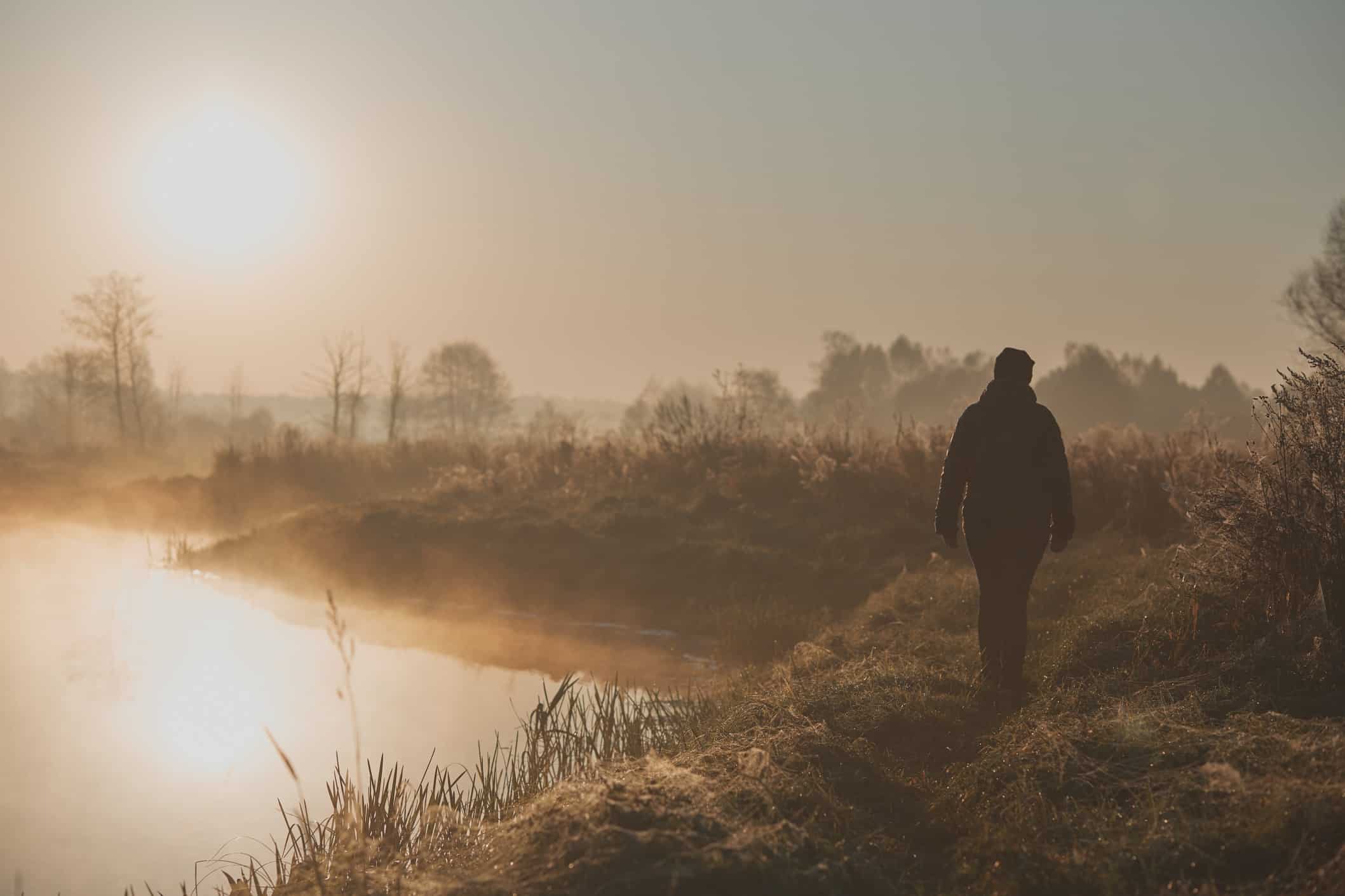 woman walking through a meadow by a pond in the foggy morning sun rising above field and pond flooded t20 znzpma